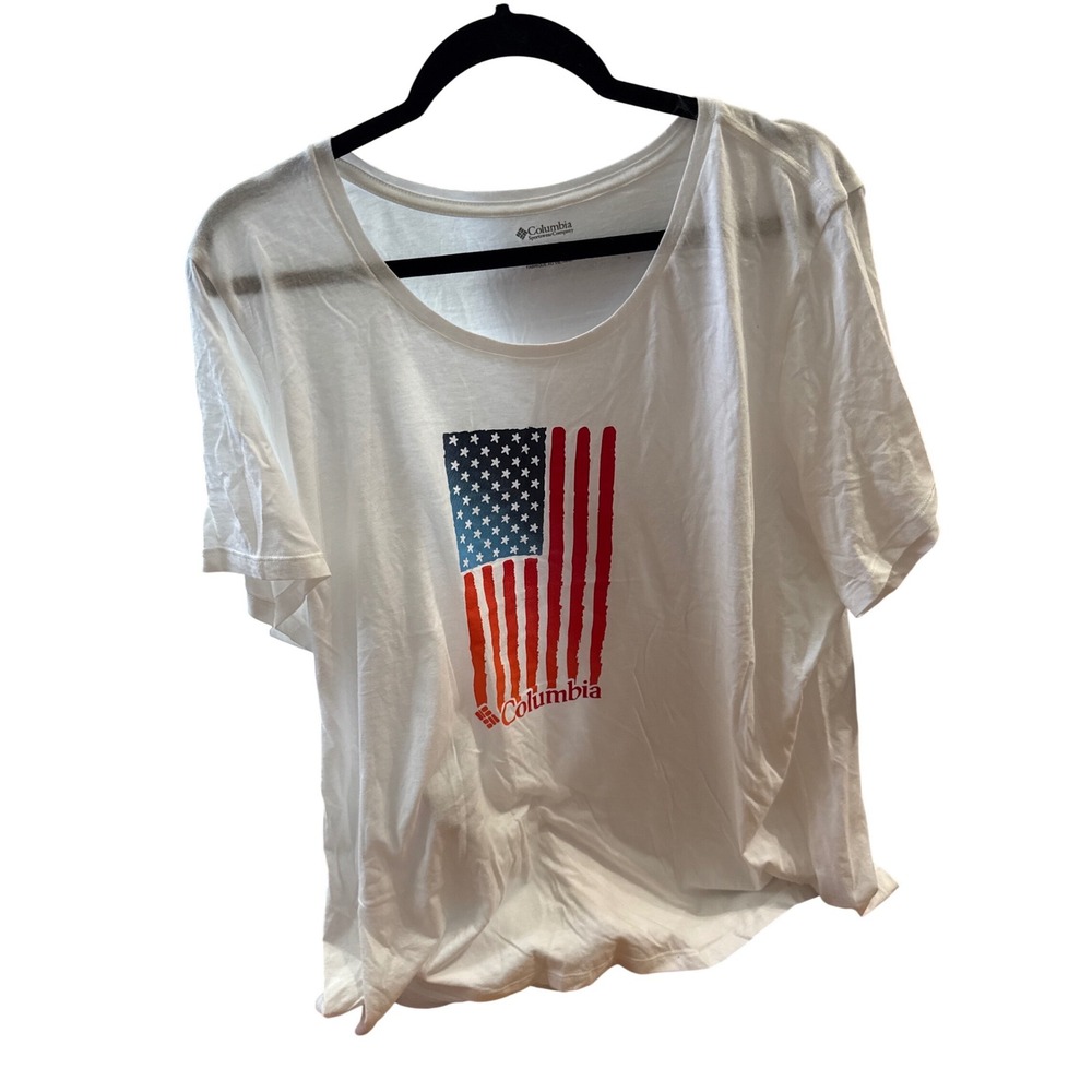 Columbia Womens White American Flag Graphic T-Shirt Plus Size 3X Short Sleeve